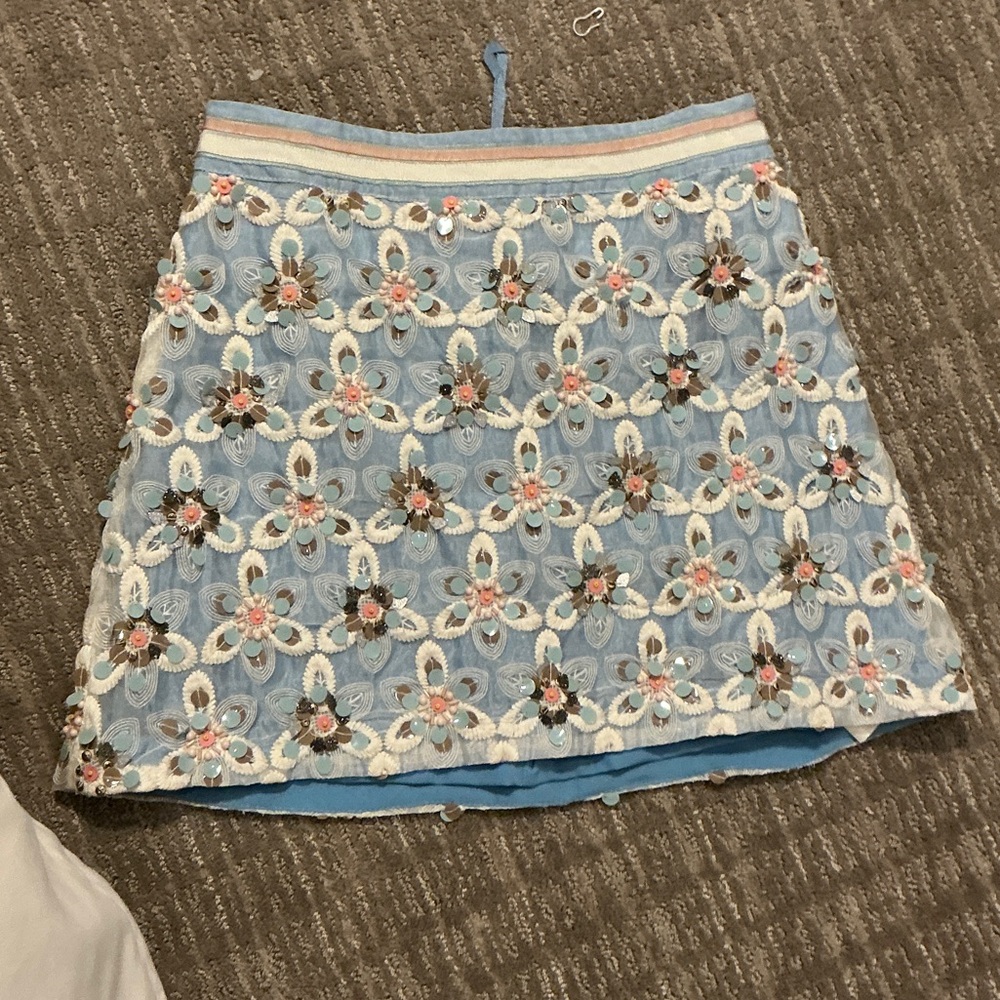 Maeve Blue and White Embroidered Mini Skirt